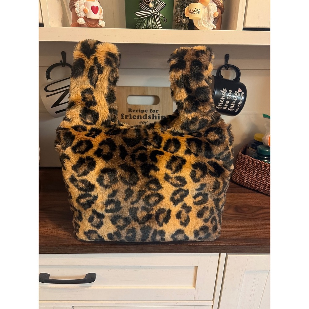 Design Lab Faux Fur Leopard Print Tote Bag Animal Print Handbag Brown Black